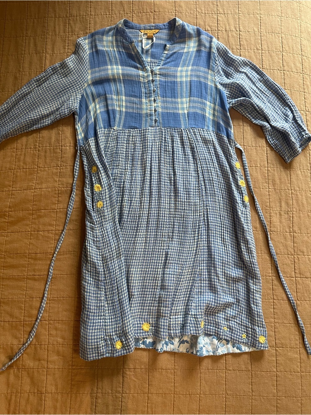 April Cornell Blue Plaid Midi Dress with Yellow Floral Accents